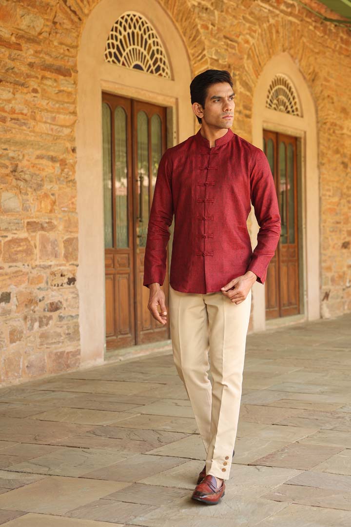 Red Mandarin Knot Linen Shirt