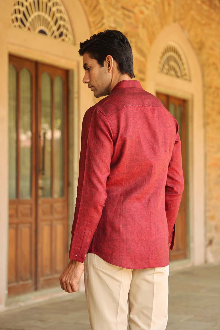 Red Mandarin Knot Linen Shirt
