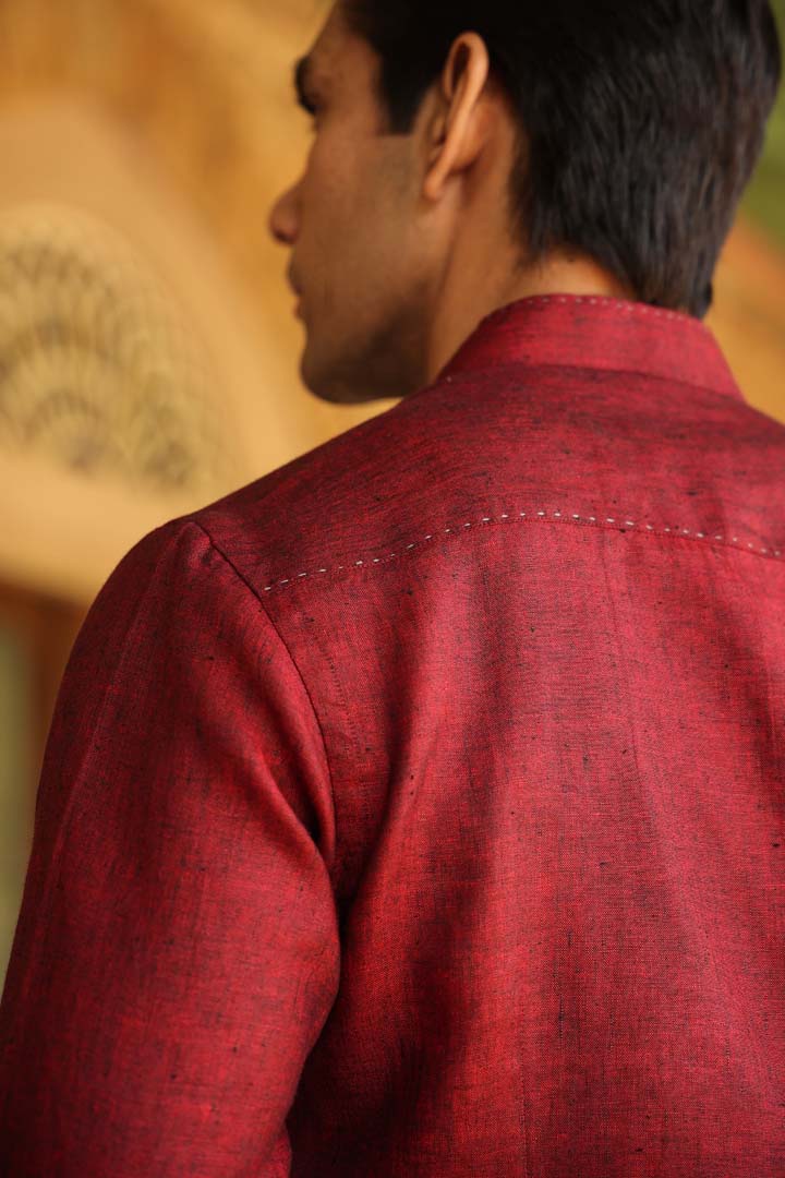 Red Mandarin Knot Linen Shirt