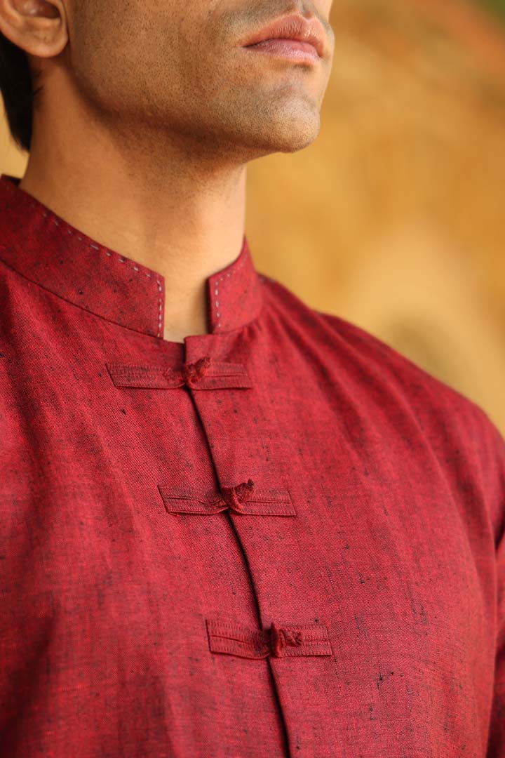 Red Mandarin Knot Linen Shirt