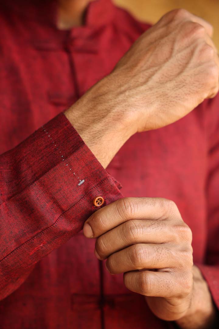 Red Mandarin Knot Linen Shirt