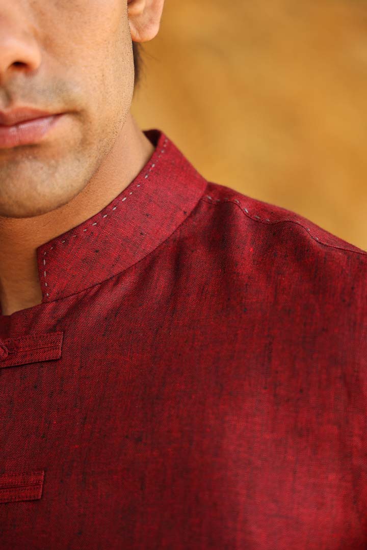 Red Mandarin Knot Linen Shirt