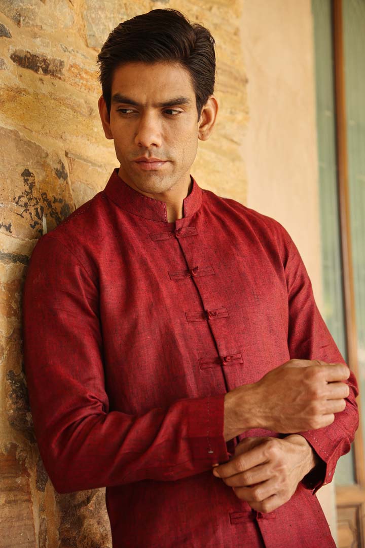 Red Mandarin Knot Linen Shirt