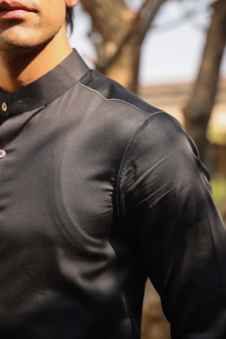 Black Mandarin Threadwork Shirt