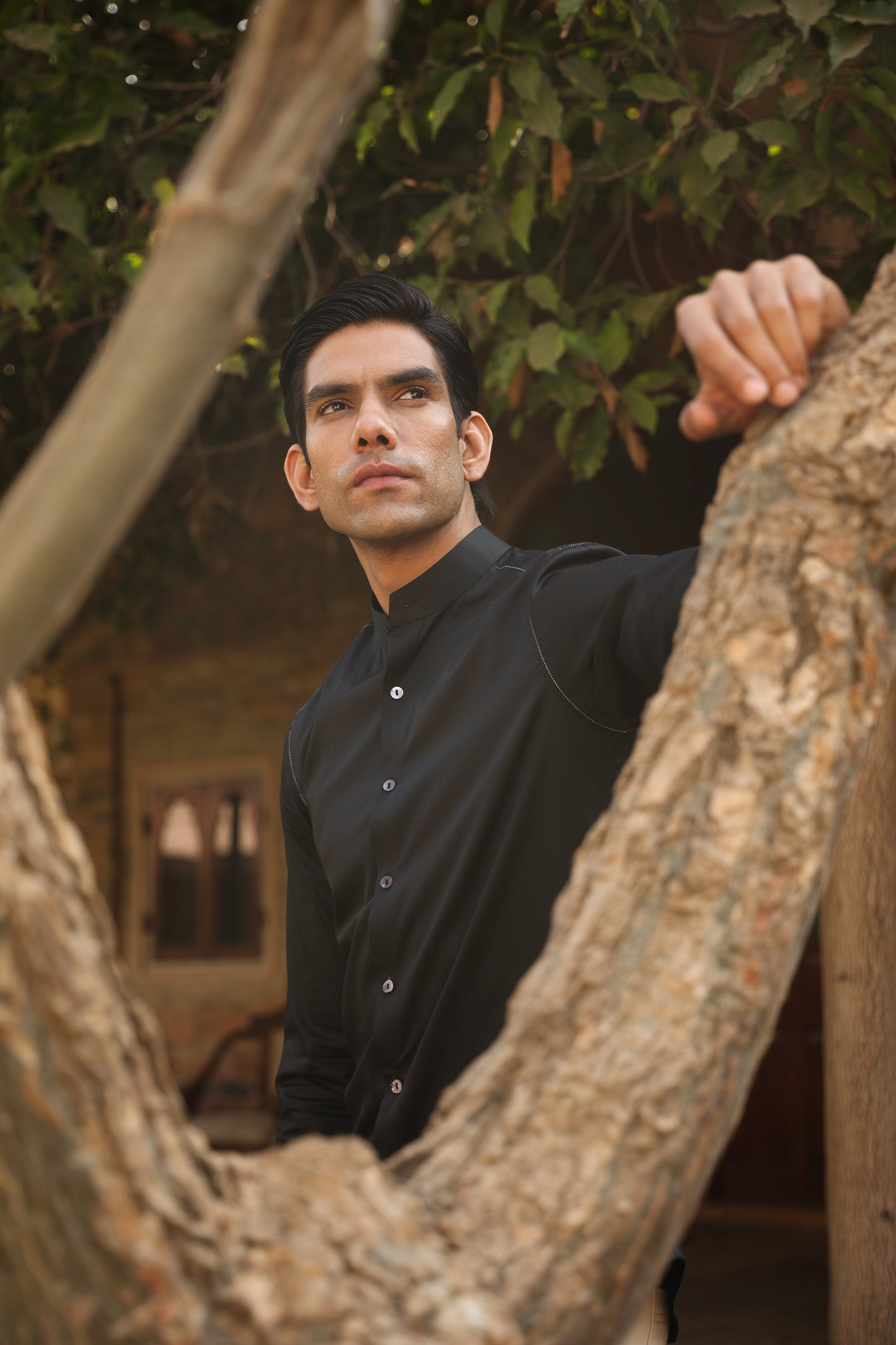 Black Mandarin Threadwork Shirt