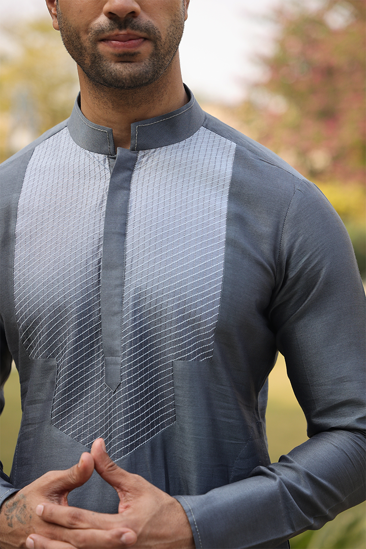 Grey Cross Stitch Ombré Kurta