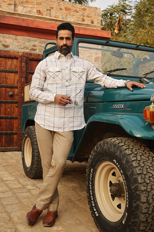 Beige Signature Multicoloured Big Checkered Linen Kurta Shirt