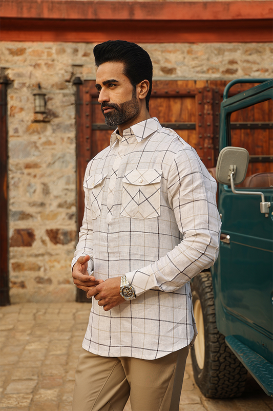 Beige Signature Multicoloured Big Checkered Linen Kurta Shirt