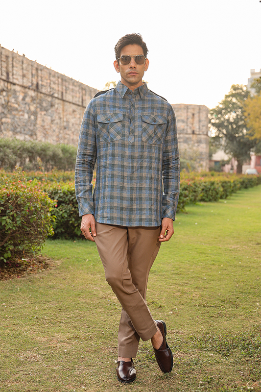 Blue Signature Contrast Checkered Kurta Shirt