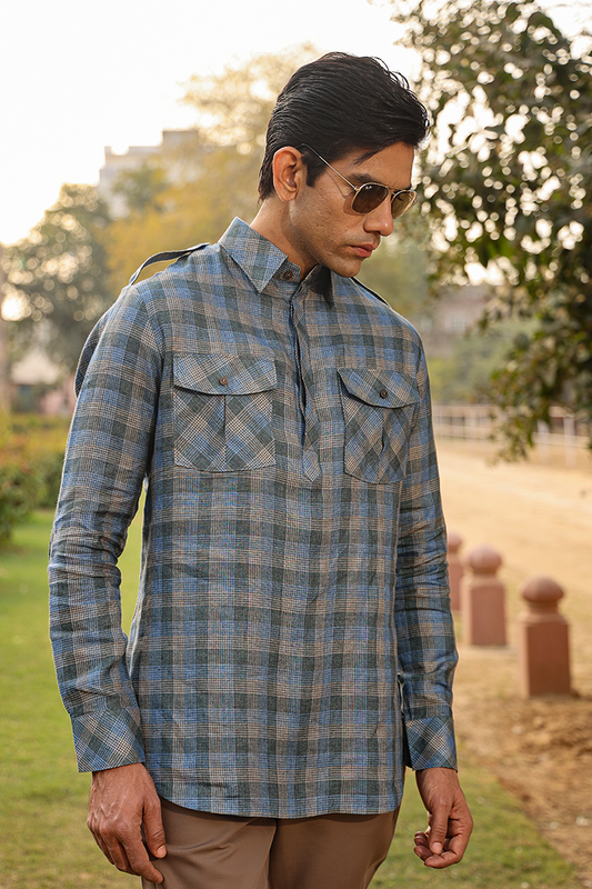 Blue Signature Contrast Checkered Kurta Shirt