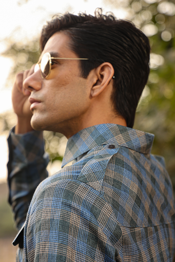 Blue Signature Contrast Checkered Kurta Shirt