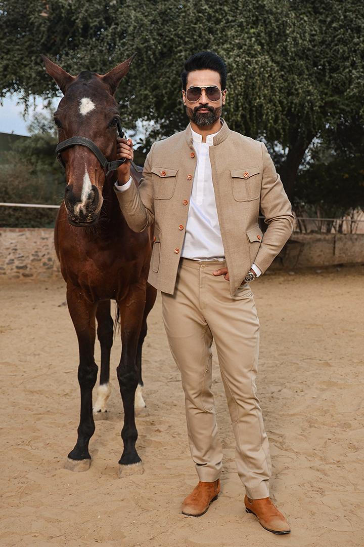 Beige Mandarin Full Sleeves Bomber Jacket