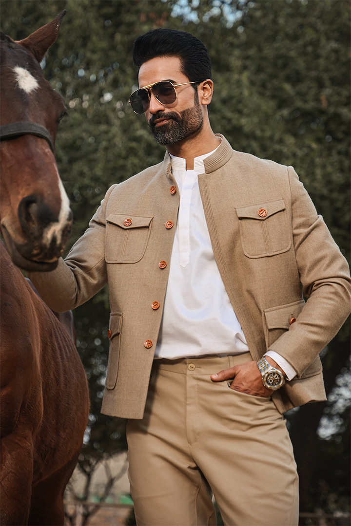 Beige Mandarin Full Sleeves Bomber Jacket