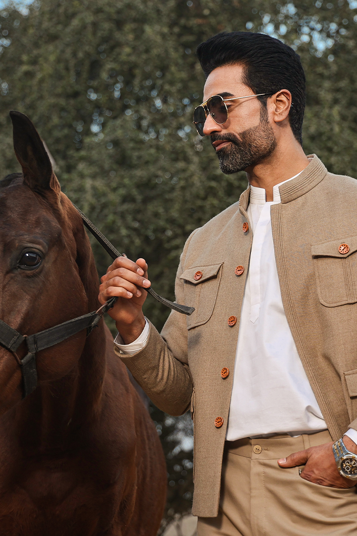 Beige Mandarin Full Sleeves Bomber Jacket