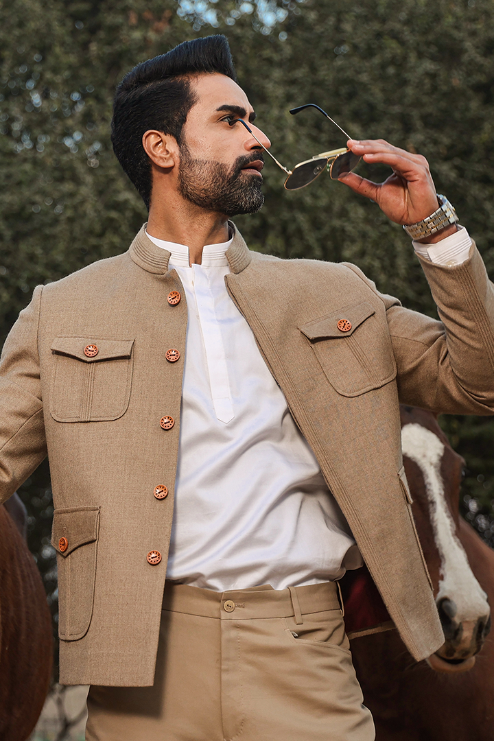 Beige Mandarin Full Sleeves Bomber Jacket