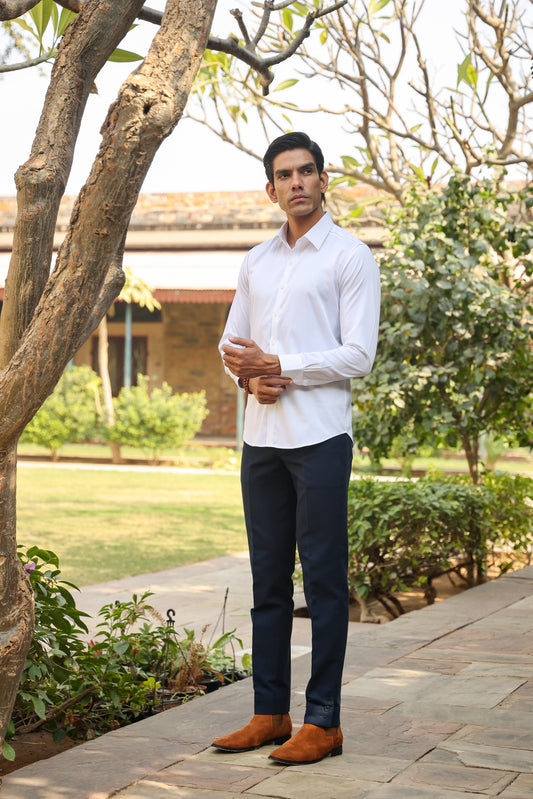 White Threadwork Collar Shirt