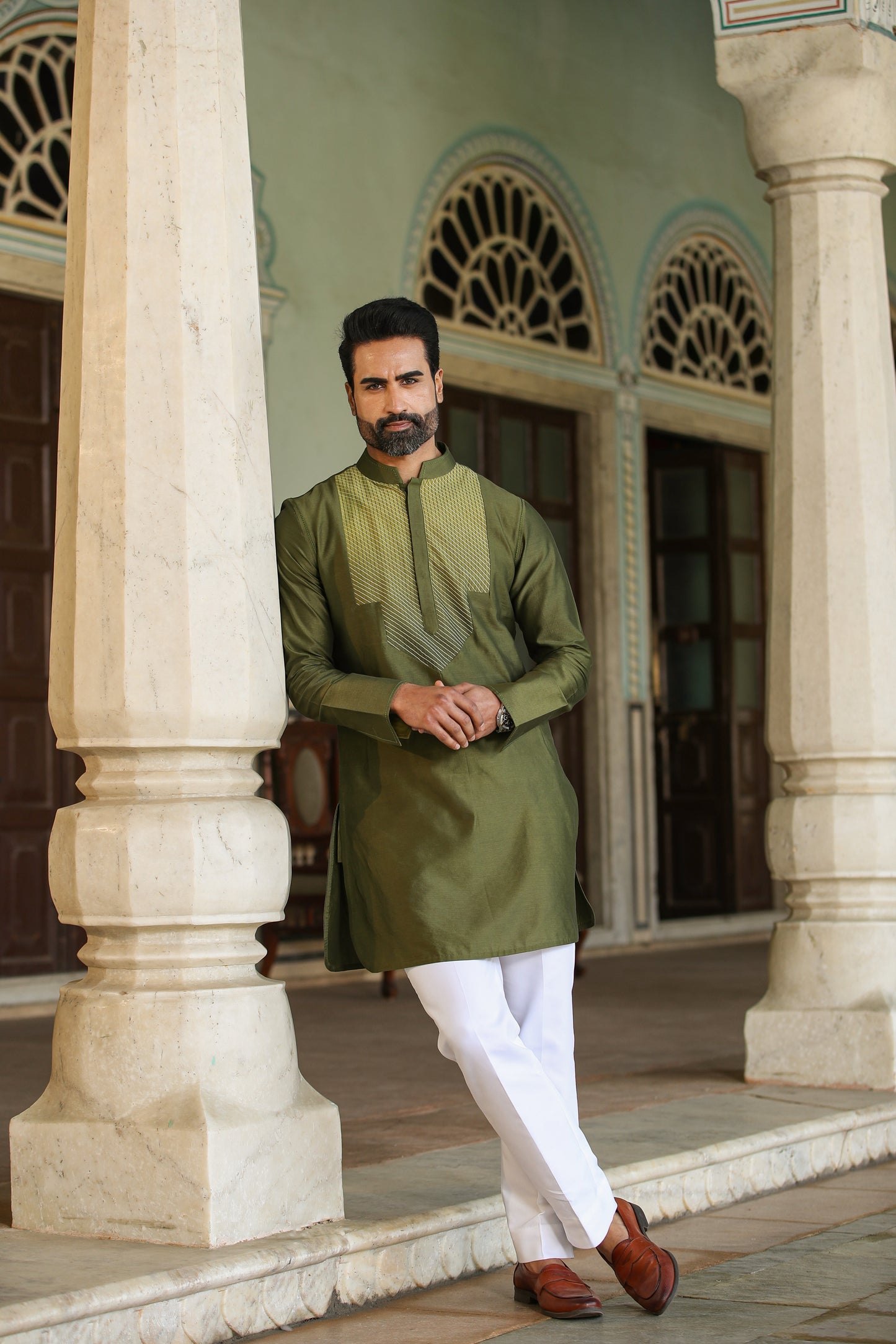 Green Cross Stitch Ombré Silk Kurta