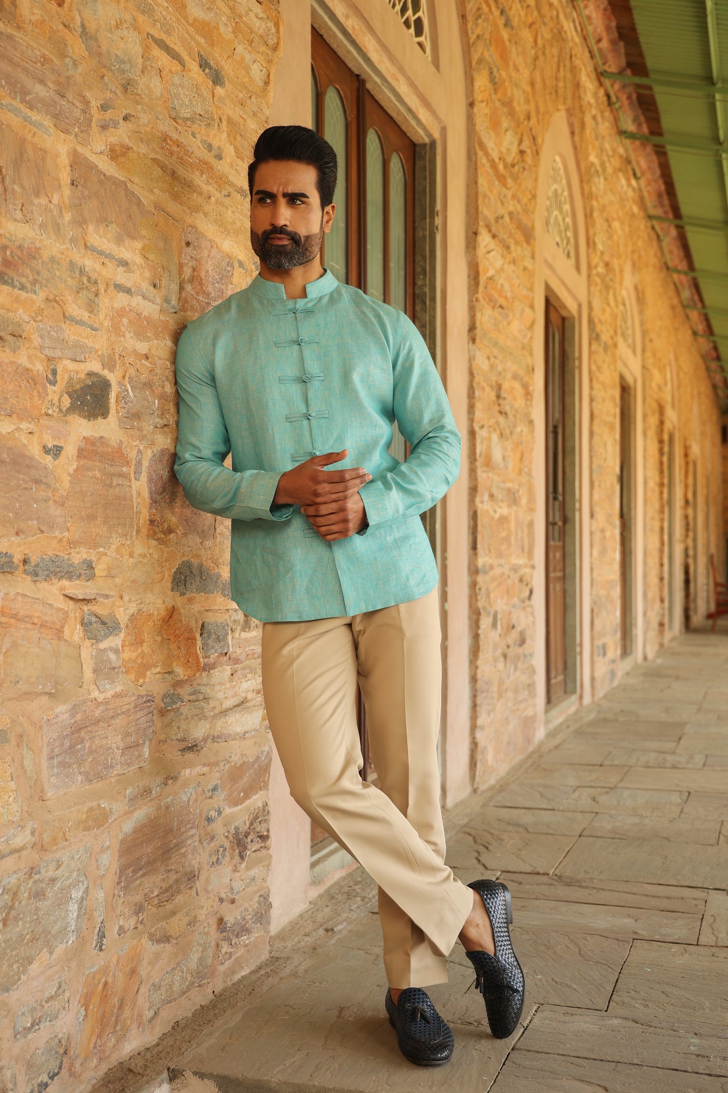 Green Mandarin Knot Linen Shirt