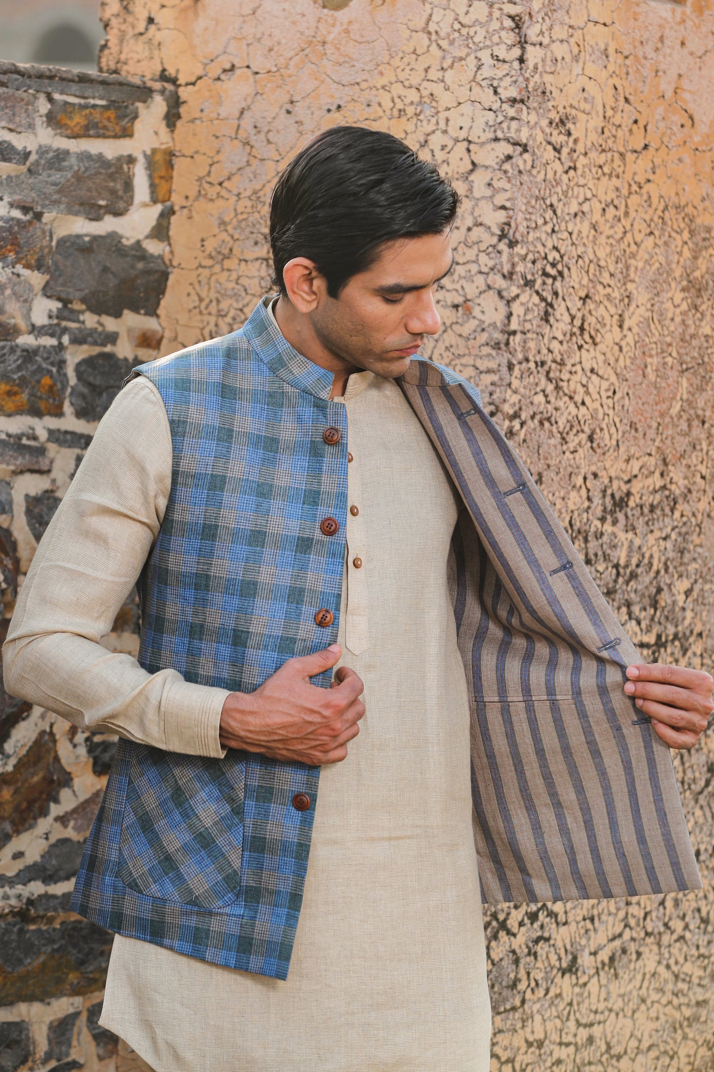 Beige Signature Reversible Checkered Bandi