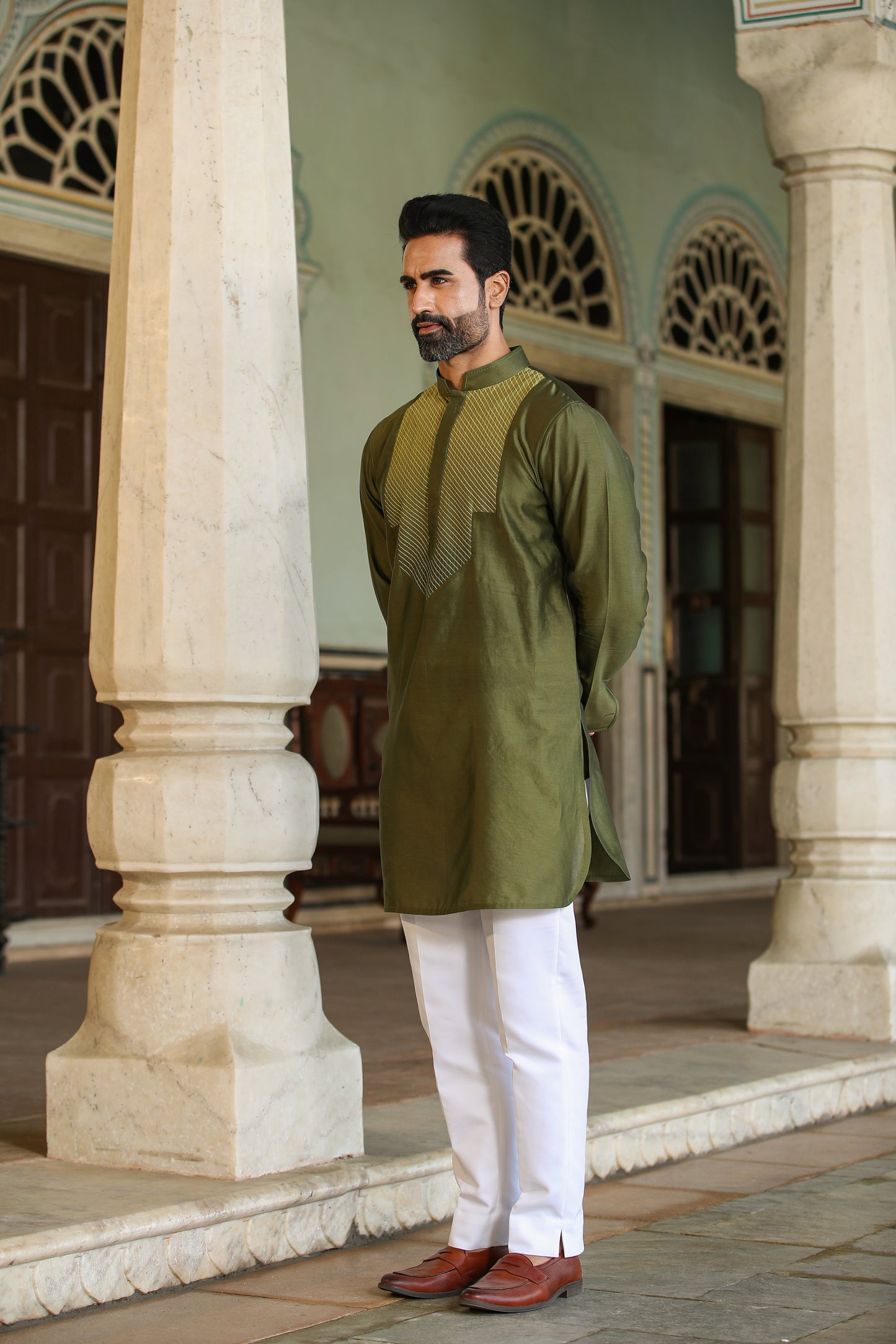 Green Cross Stitch Ombré Silk Kurta