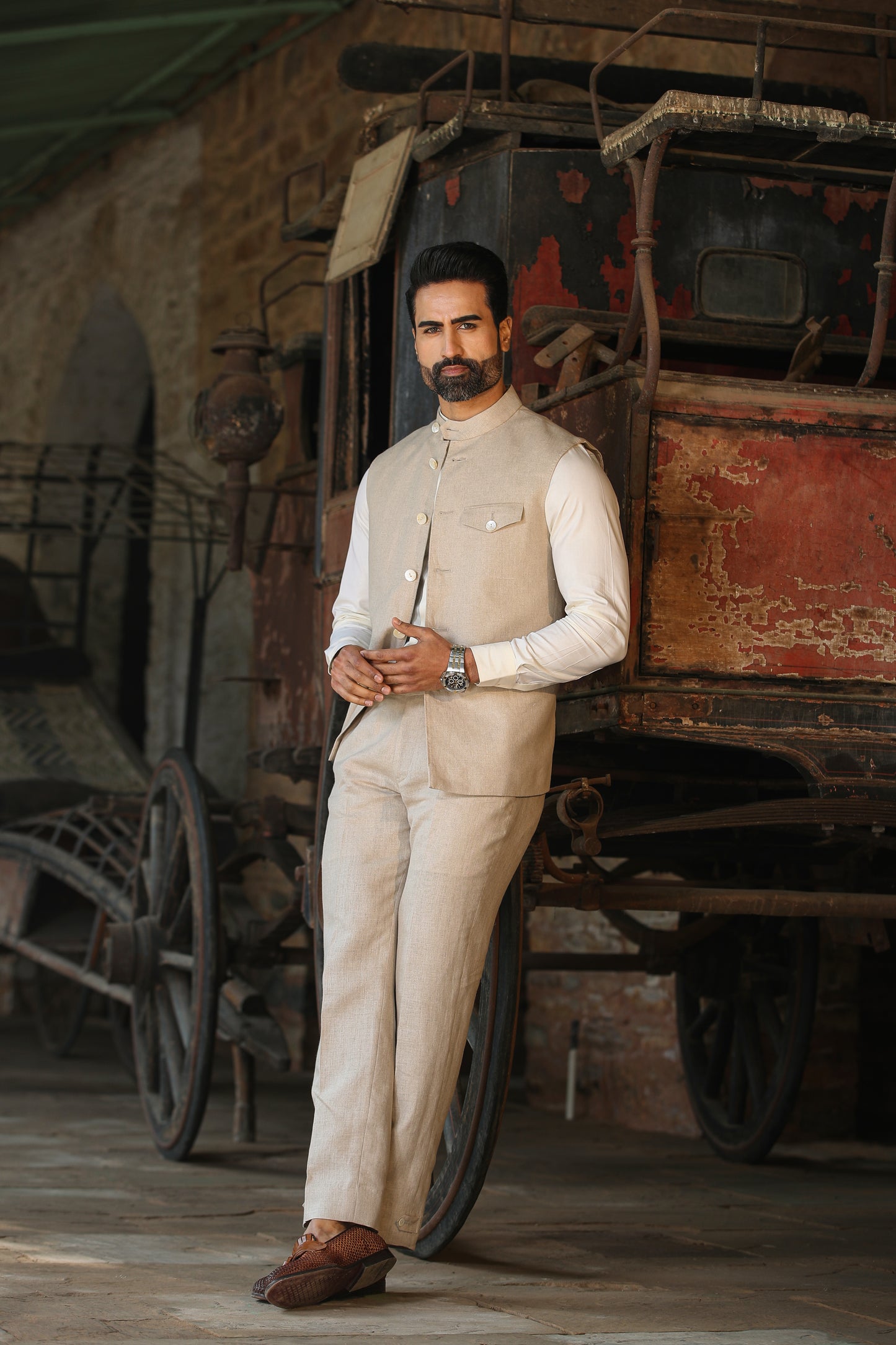 Beige Looped Button Bottom Linen Pants