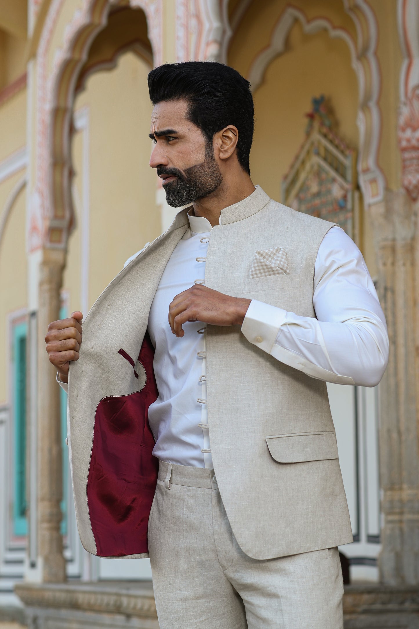 Beige Looped Slit Bottom Linen Pants