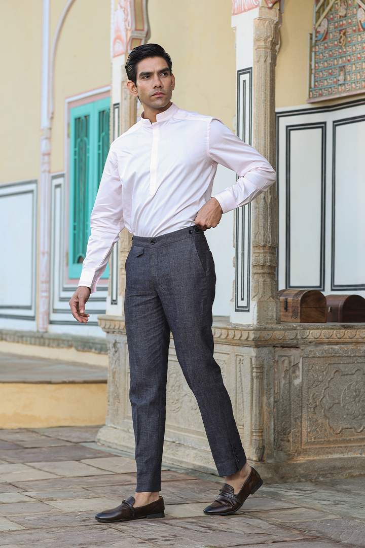 Grey Flap Button Bottom Linen Pants