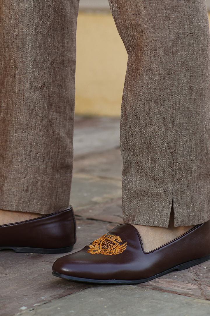 Brown Looped Slit Bottom Linen Pants