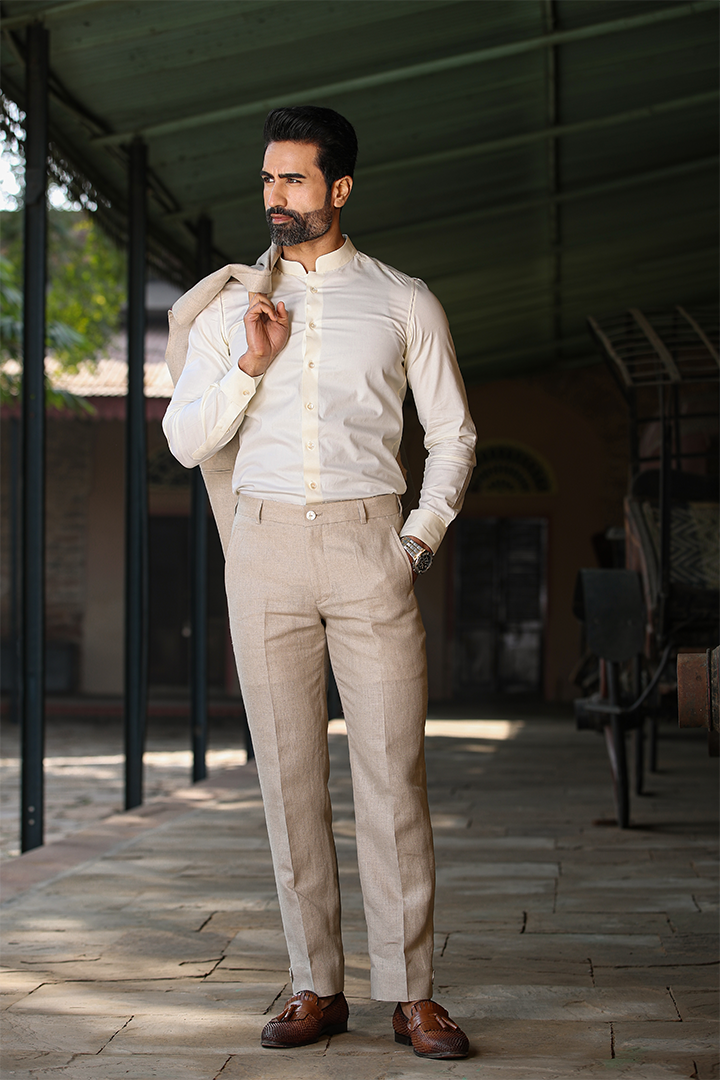 Beige Looped Button Bottom Linen Pants