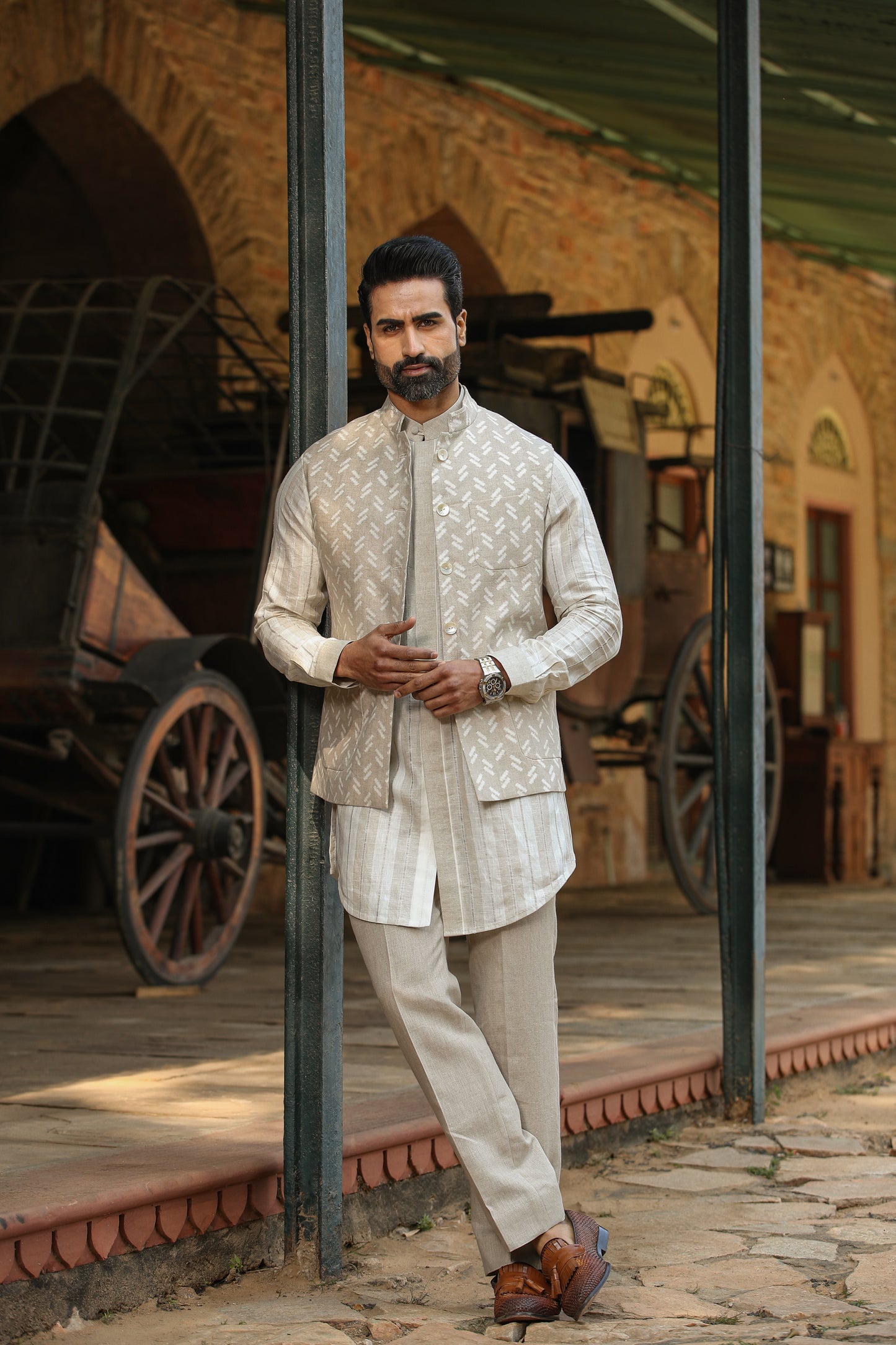 Beige Front Button Linen Kurta