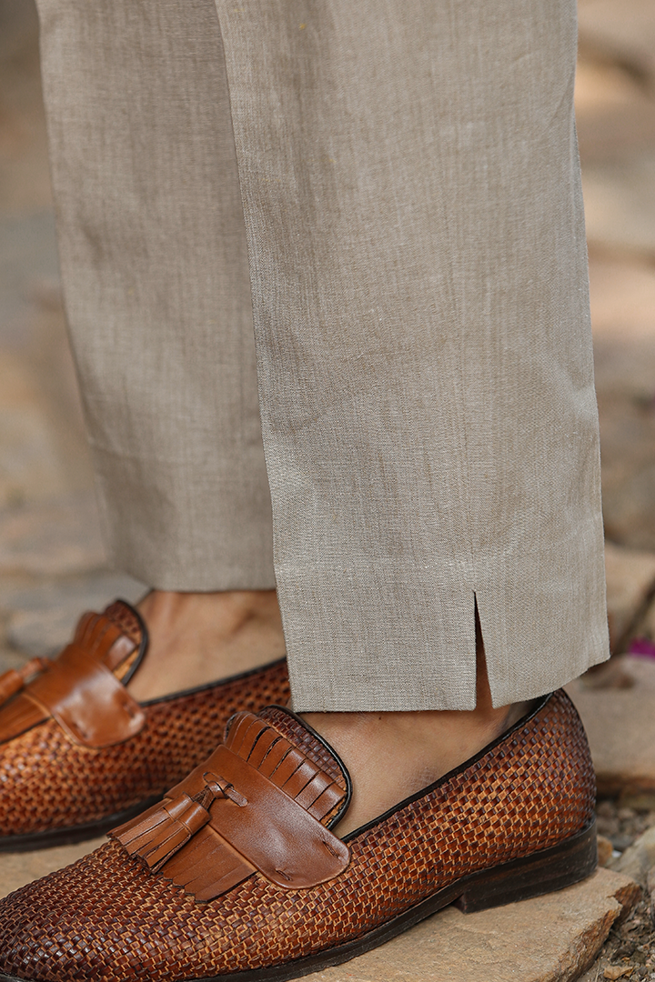 Khaki Looped Slit Bottom Linen Pants