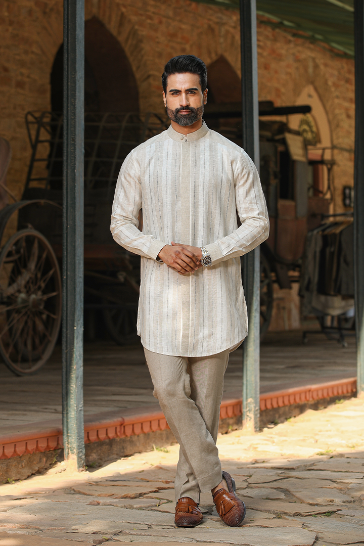 Beige Front Button Linen Kurta