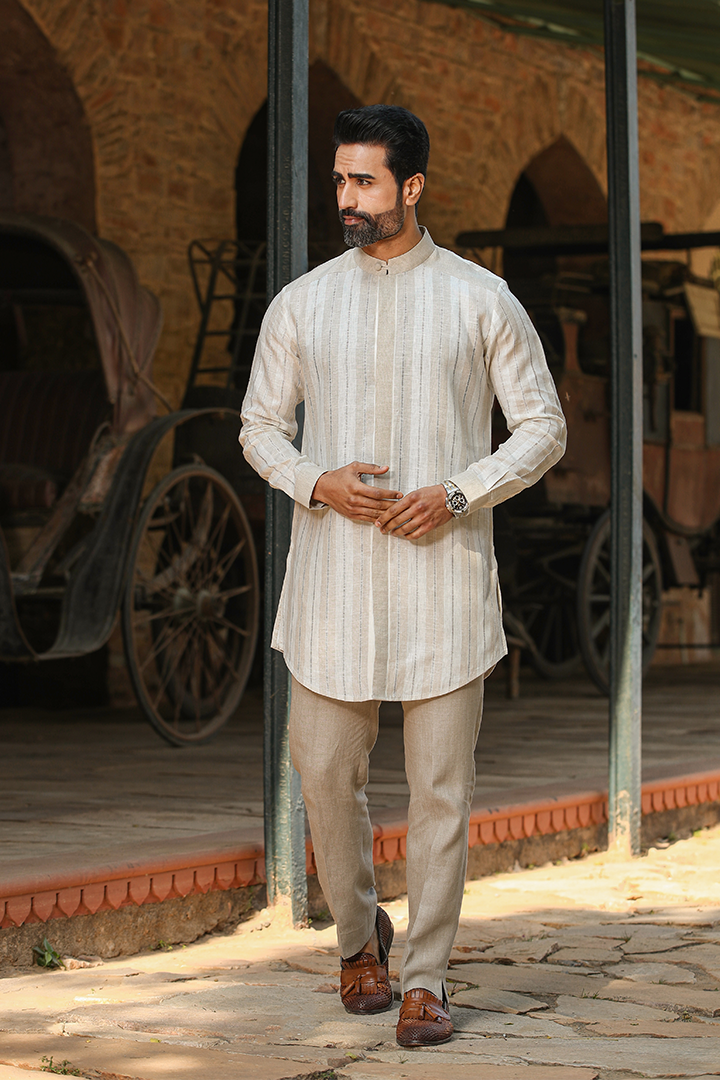 Beige Front Button Linen Kurta