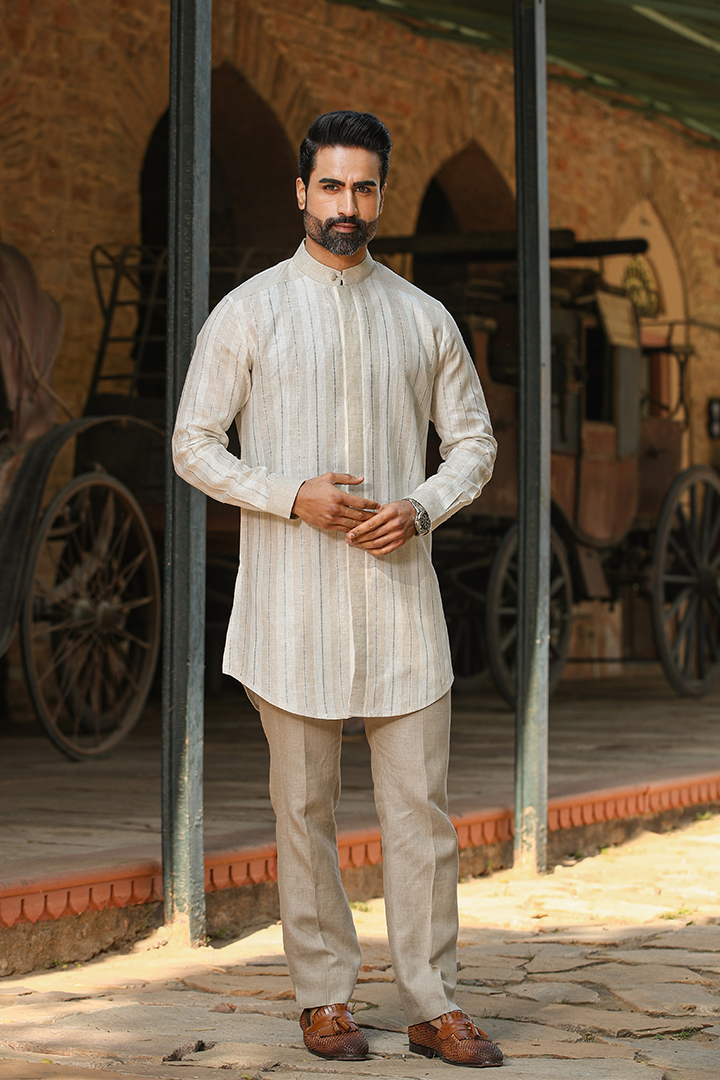 Beige Front Button Linen Kurta