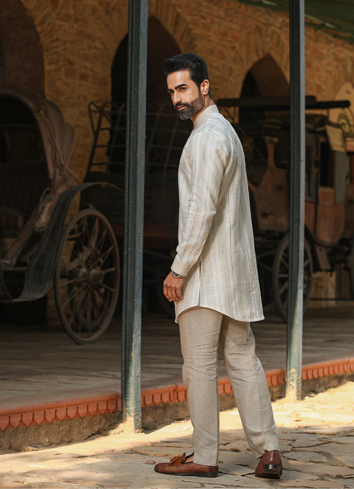 Beige Front Button Linen Kurta