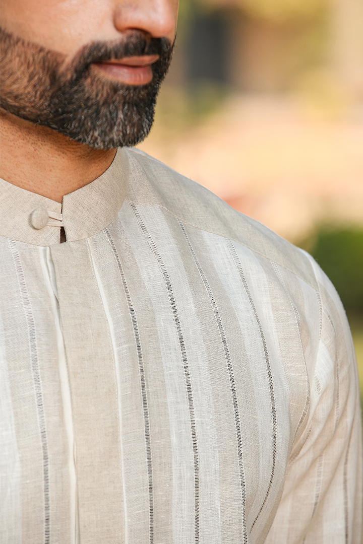 Beige Front Button Linen Kurta