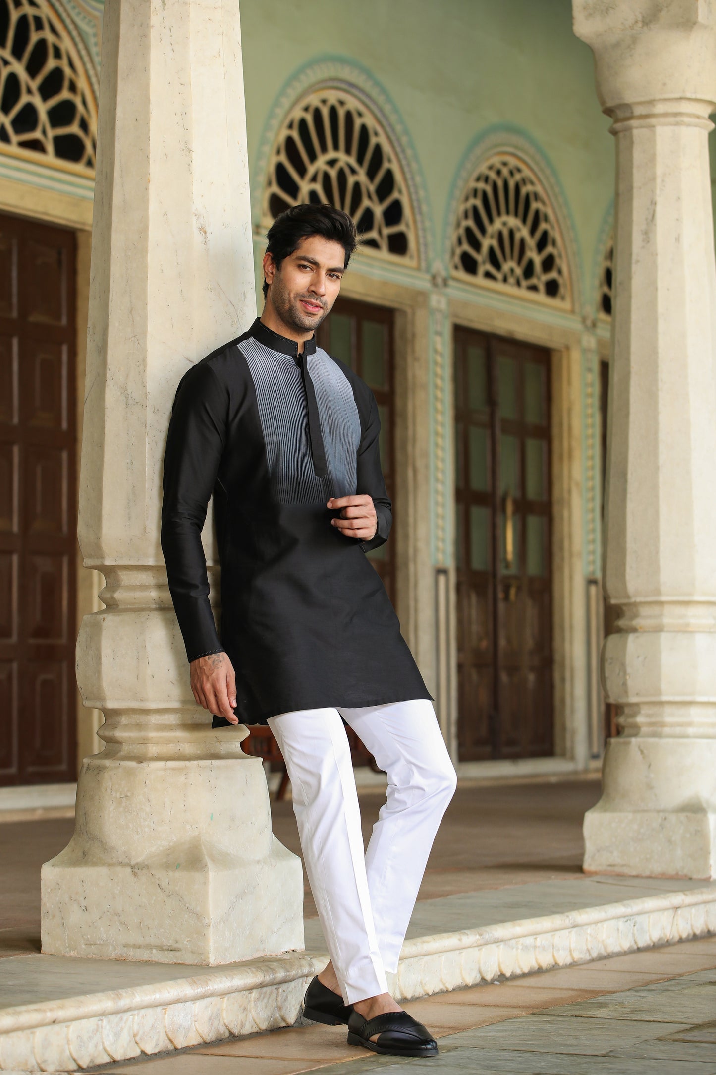 Black Pintuck Ombré Silk Kurta