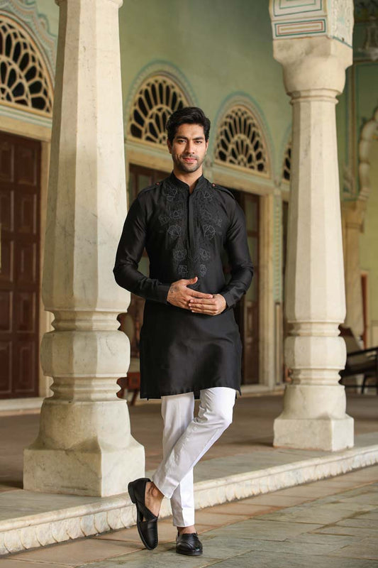 Black Applique Embroidered Silk Kurta