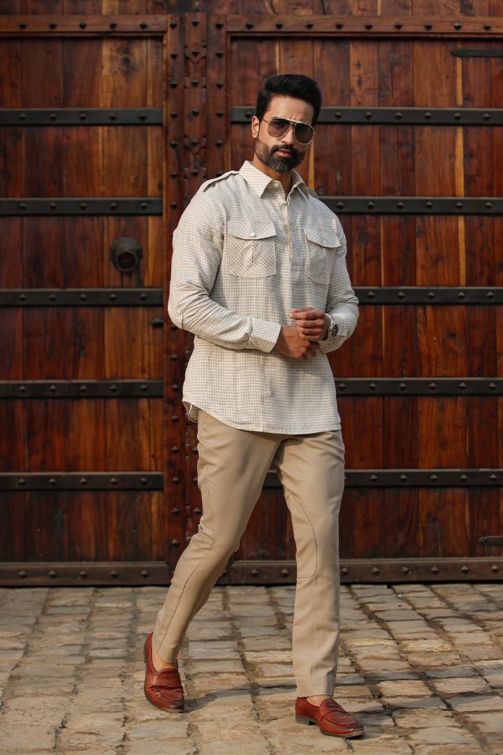 Beige Signature Fine Checkered Linen Kurta Shirt