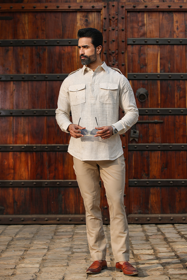 Beige Signature Fine Checkered Linen Kurta Shirt