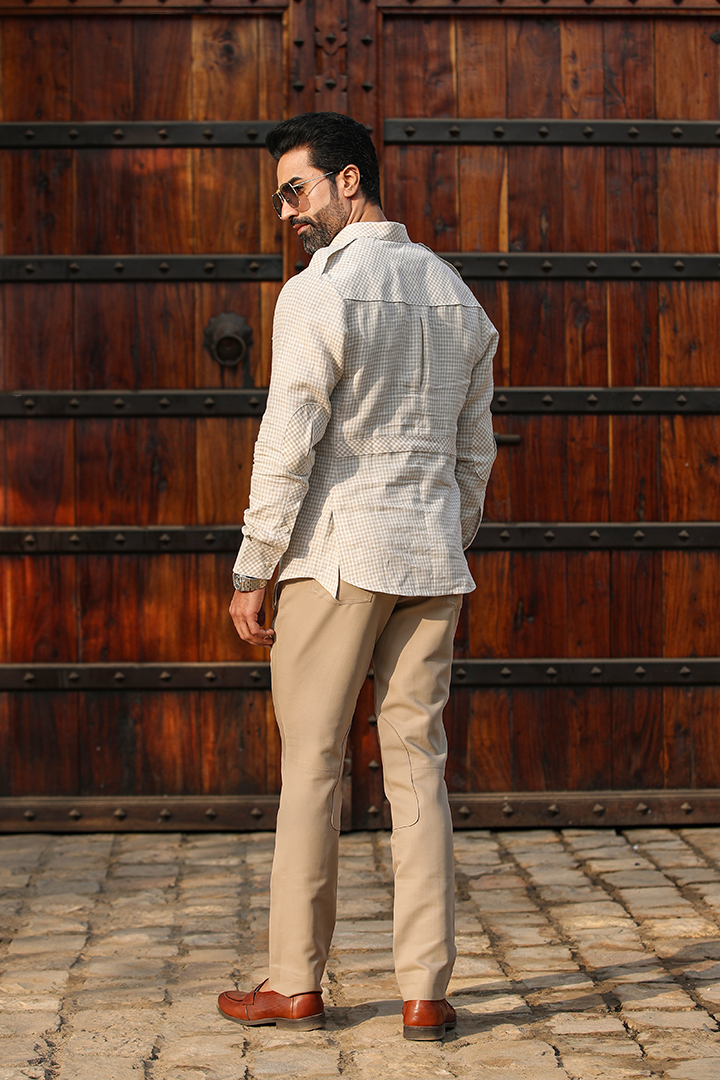 Beige Signature Fine Checkered Linen Kurta Shirt
