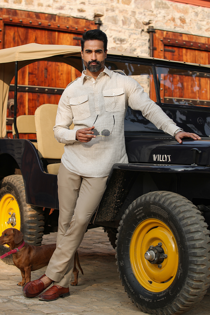 Beige Signature Fine Checkered Linen Kurta Shirt