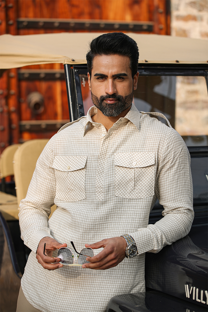 Beige Signature Fine Checkered Linen Kurta Shirt