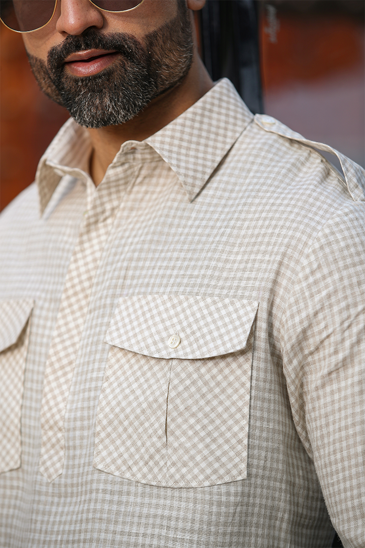 Beige Signature Fine Checkered Linen Kurta Shirt