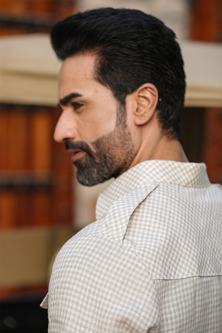 Beige Signature Fine Checkered Linen Kurta Shirt