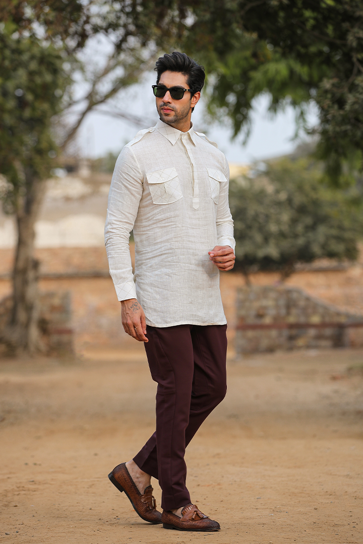 Beige Signature Mid Checkered Linen Kurta Shirt