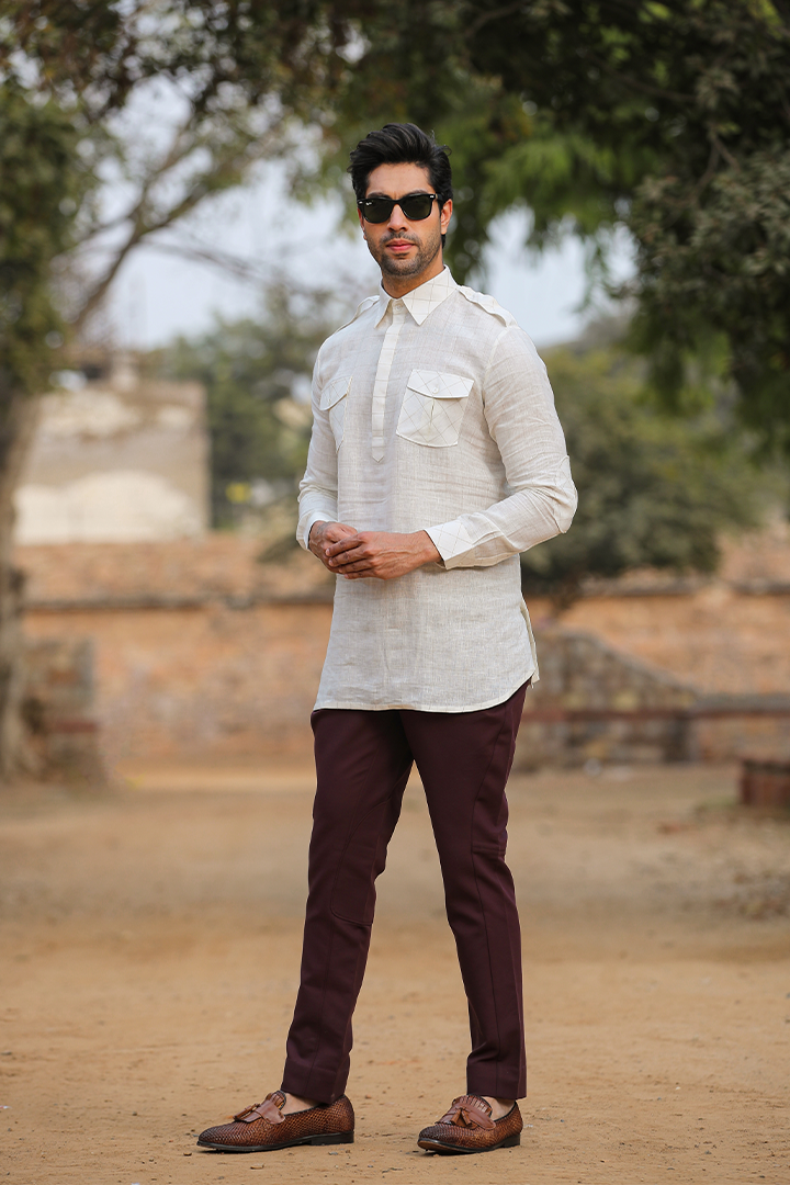 Beige Signature Mid Checkered Linen Kurta Shirt