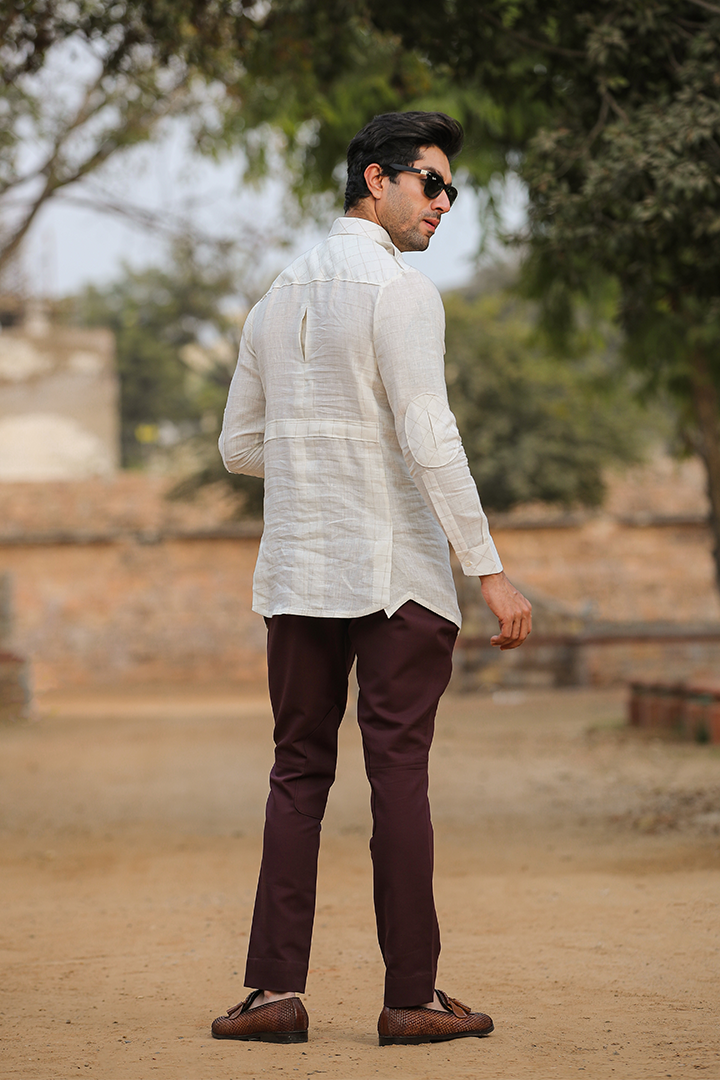 Beige Signature Mid Checkered Linen Kurta Shirt