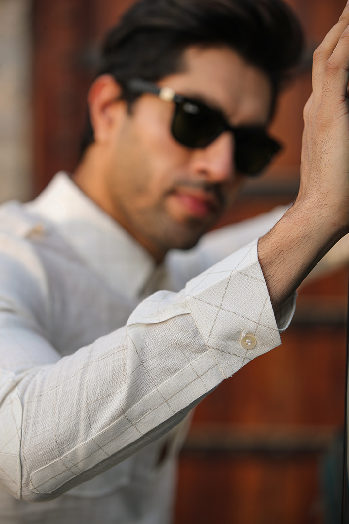 Beige Signature Mid Checkered Linen Kurta Shirt