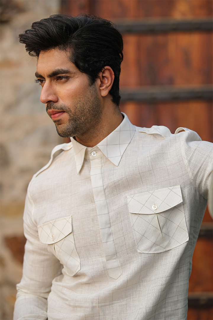 Beige Signature Mid Checkered Linen Kurta Shirt